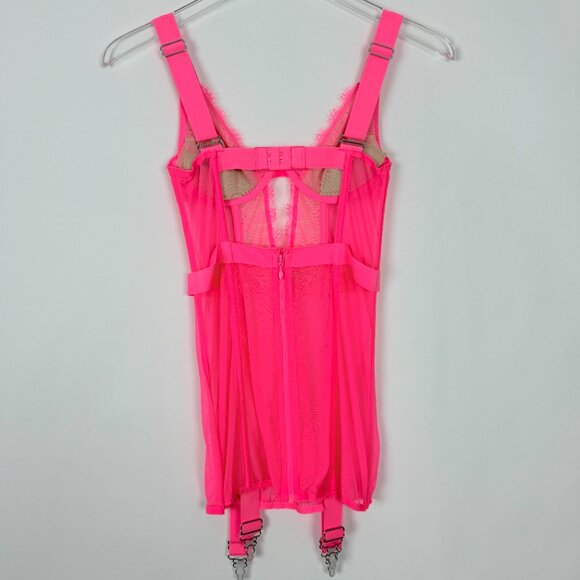 Victoria's Secret Garter Slip Women's Size 34B Neon Pink Lace Boned Corset Teddy - Picture 13 of 15